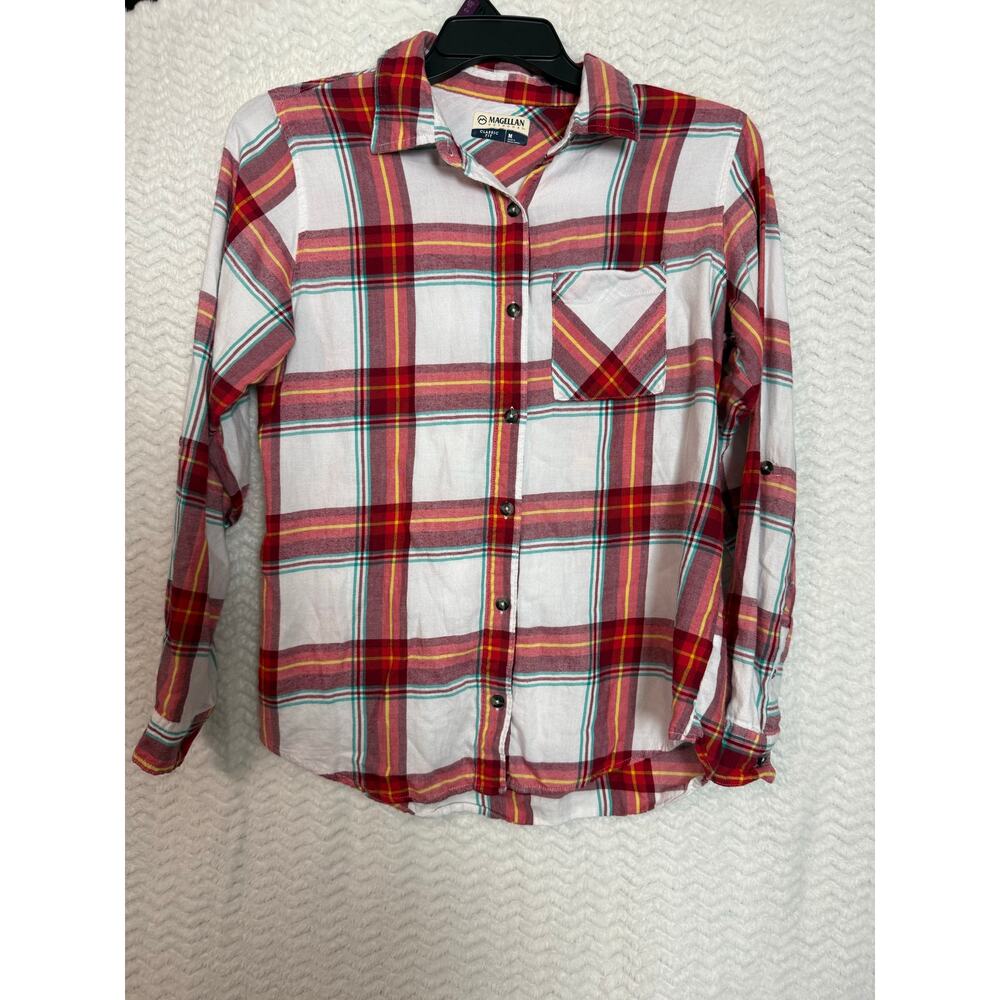 Magellan Outdoors classic Fit M womens button down red yellow white plaid